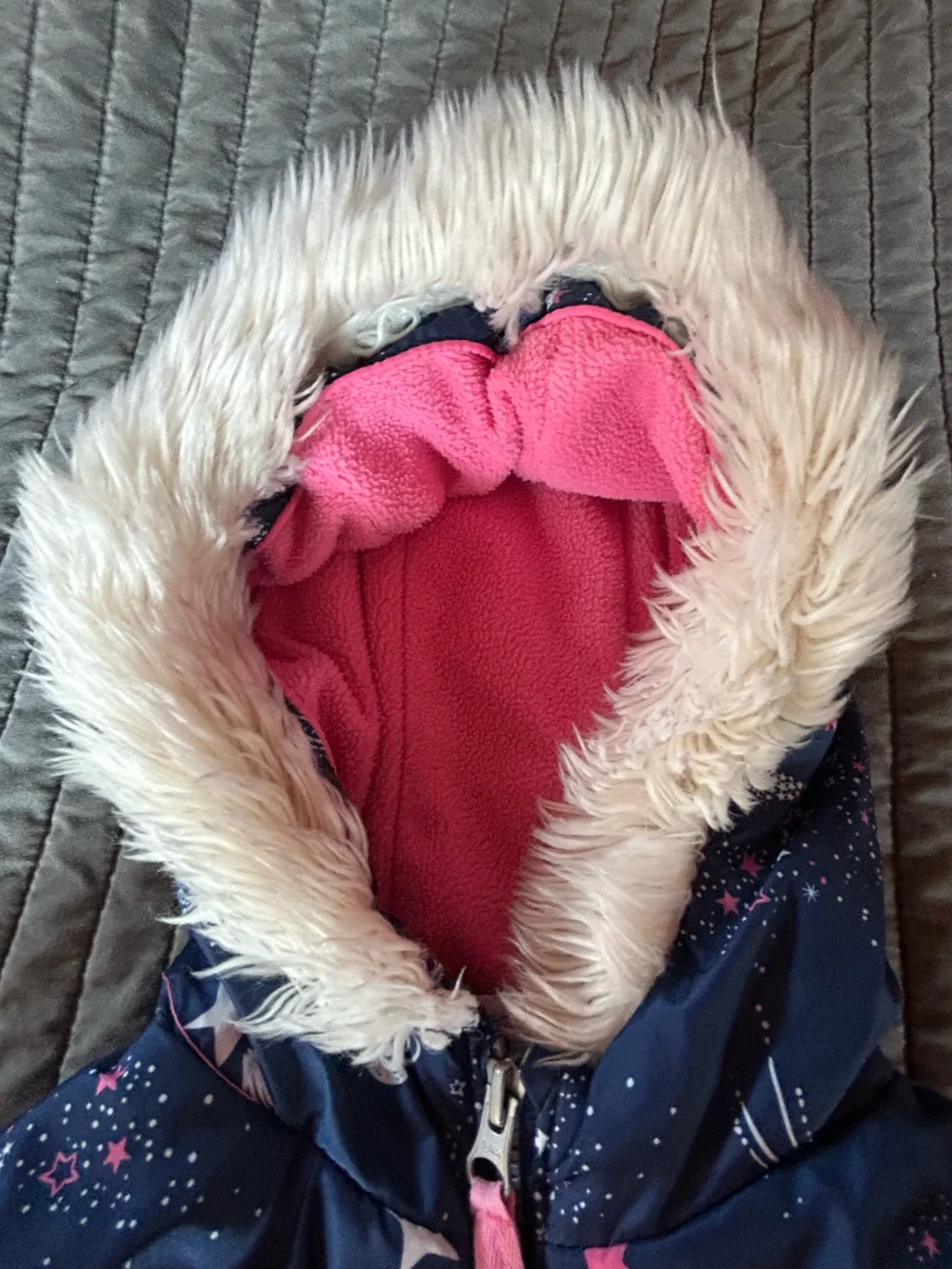 Carter's navy Star-Print Puffer Coat with Pink Lining and Faux Fur Hood